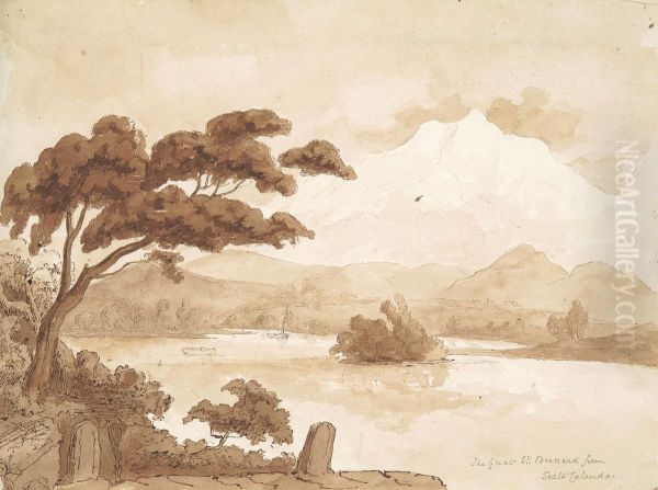 Landscape Scene with Lake and Mountains Oil Painting by William Brockedon