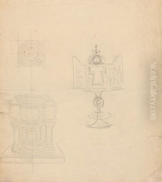 Designs for a Baptismal Font and a Tabernacle Oil Painting by Augustus Pugin