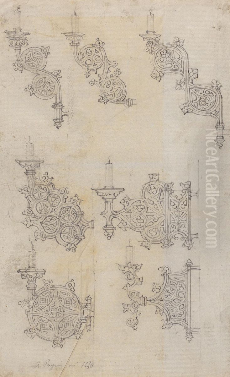 Designs for Gothic Candle Branches Oil Painting by Augustus Pugin