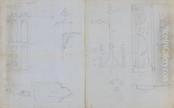 Designs for Gothic Screen, Crucifix and Stained Glass Window Oil Painting by Augustus Pugin