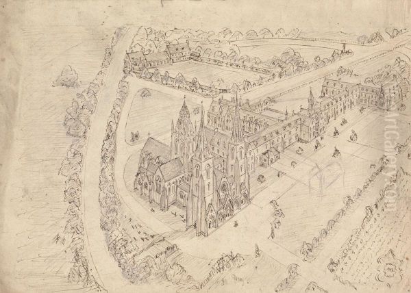 Sketch of a Gothic Church and Monastery Oil Painting by Augustus Pugin