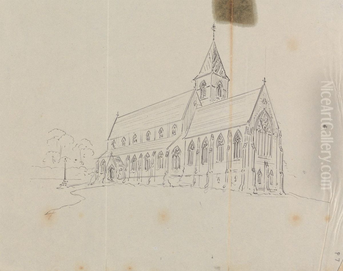 Sketch of a Gothic Church Oil Painting by Augustus Pugin
