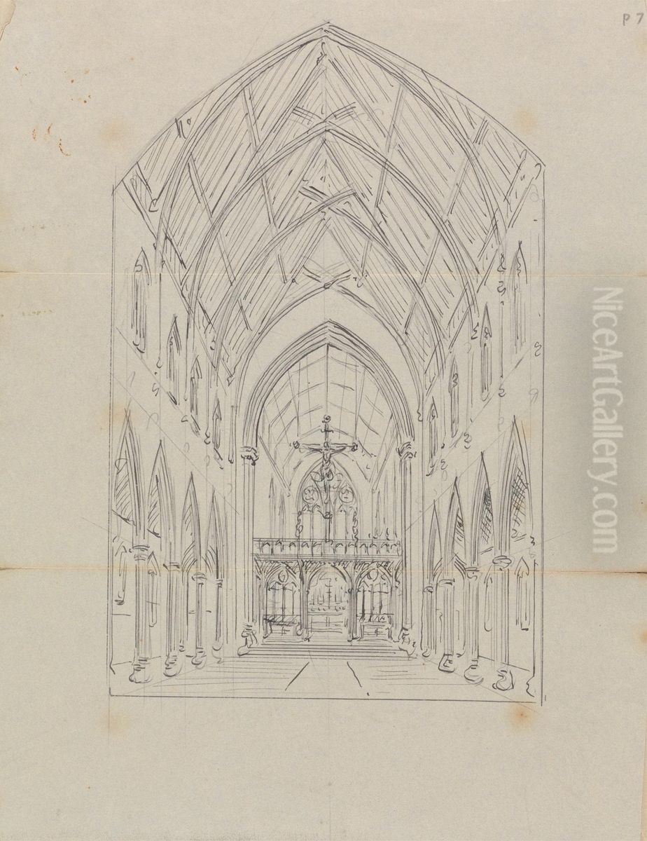 Sketch of the Interior of a Gothic Church Oil Painting by Augustus Pugin