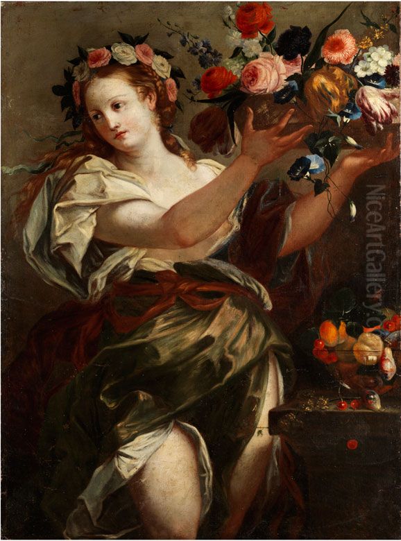 Flora Presenting a Basket with Flowers Oil Painting by Franz Werner Tamm
