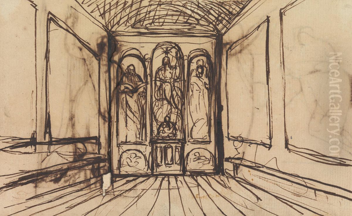 Study of an Interior Room with Religious Images on the Wall Panels Oil Painting by Benjamin Haydon