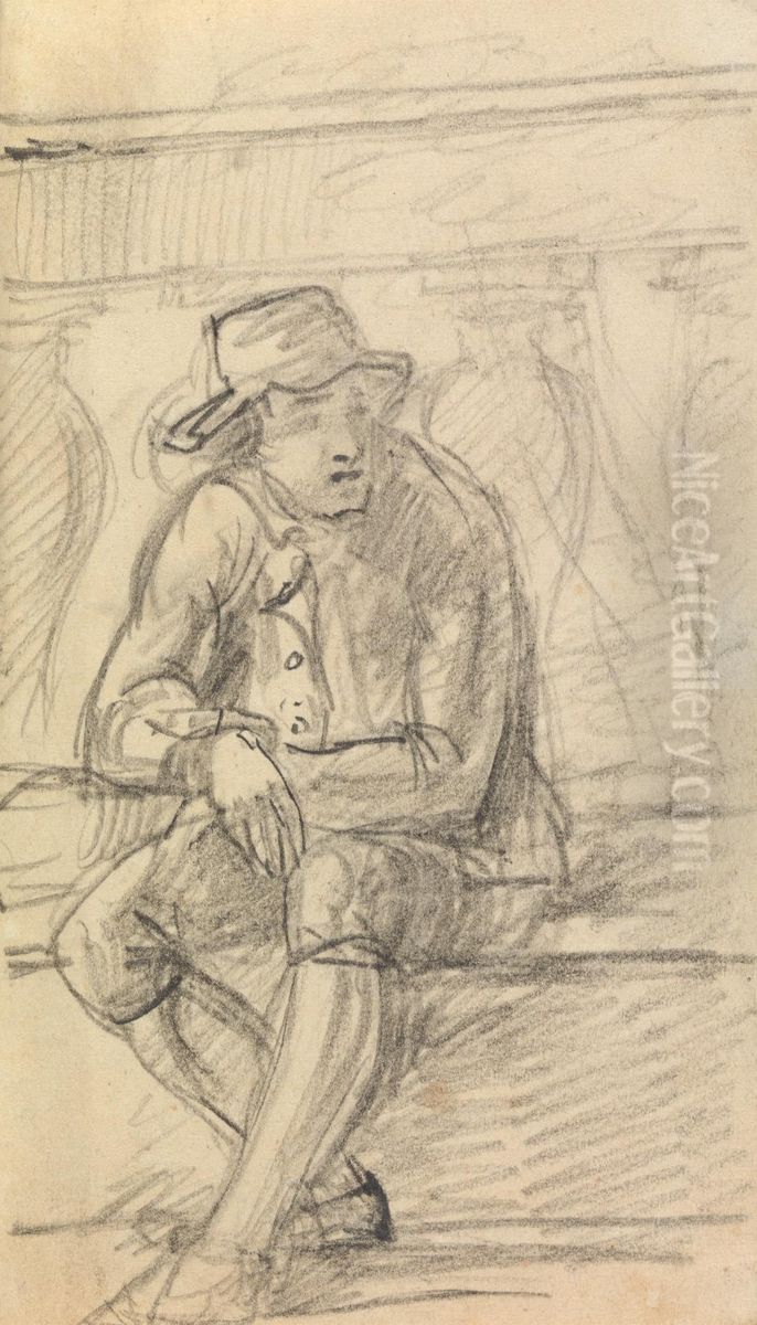 Figure Study of a Young Man, with a Hat, Sitting Outside Oil Painting by Benjamin Haydon