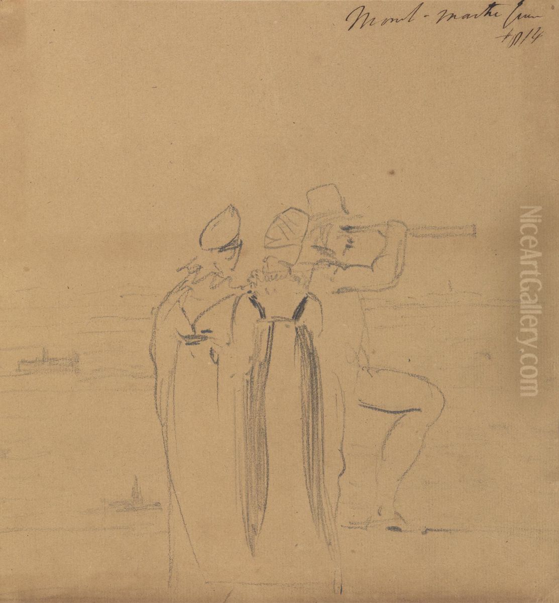 Study of a Man, Looking Through a Telescope, Accompanied by Two Women Oil Painting by Benjamin Haydon