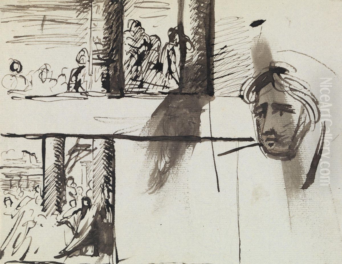 Study of a Group of Figures and a Study of a Man's Head Oil Painting by Benjamin Haydon