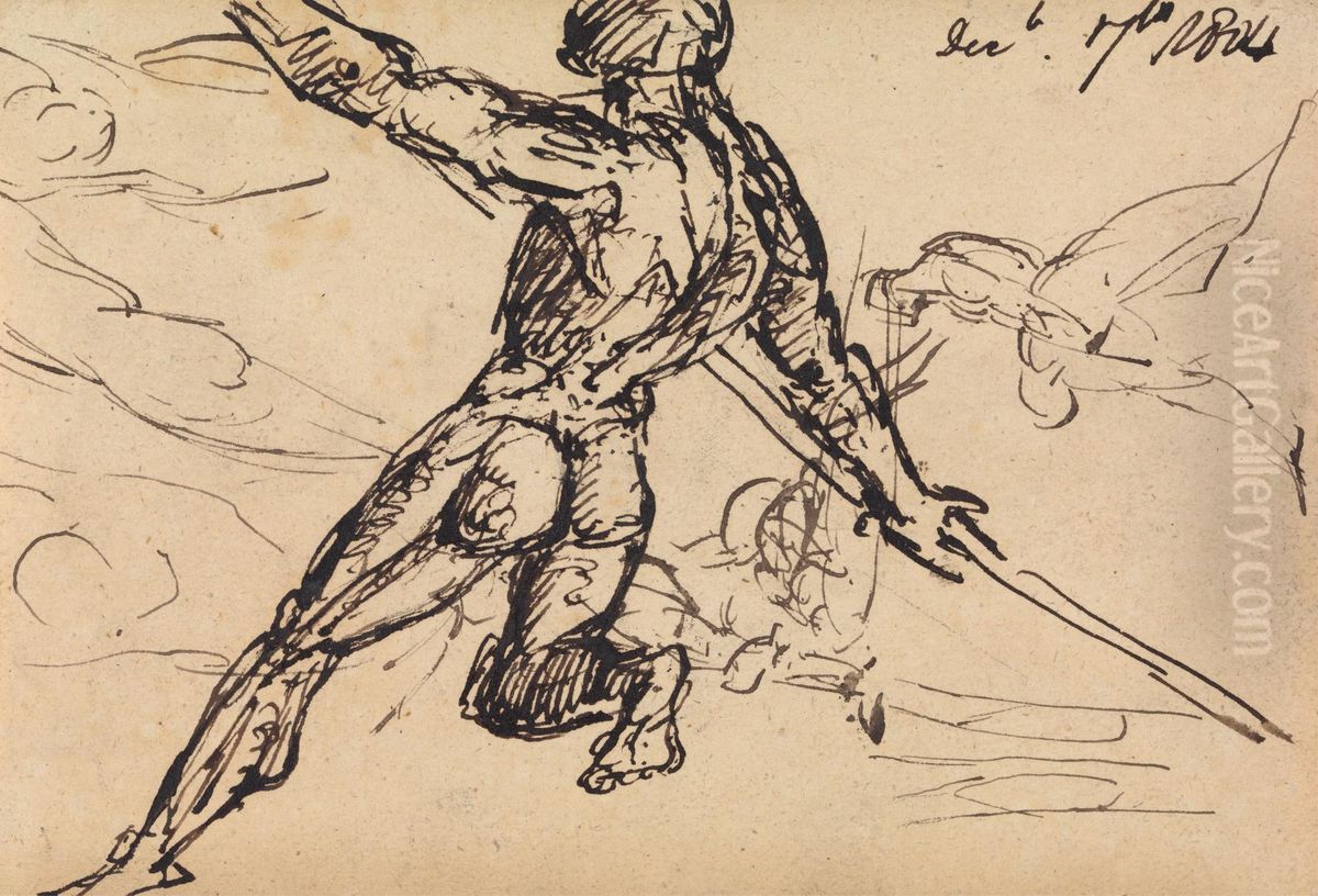 Figure Studies of a Nude Male with Spear Oil Painting by Benjamin Haydon