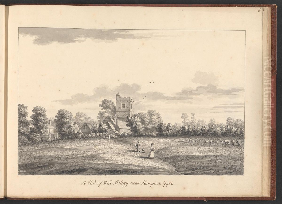 A Volume of ten drawings of Hampton Court taken by the life - A View of West Molesey near Hampton Court Oil Painting by Bernard Lens III