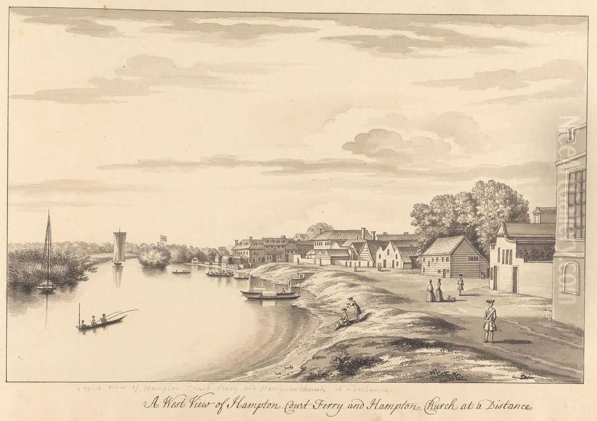 A West View of Hampton Court Ferry and Hampton Church at a Distance Oil Painting by Bernard Lens III