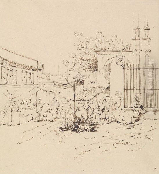 Street Scene with Merchants Selling Wares Oil Painting by George Chinnery