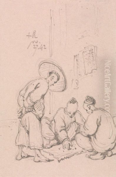 Gamblers Playing Dice Oil Painting by George Chinnery