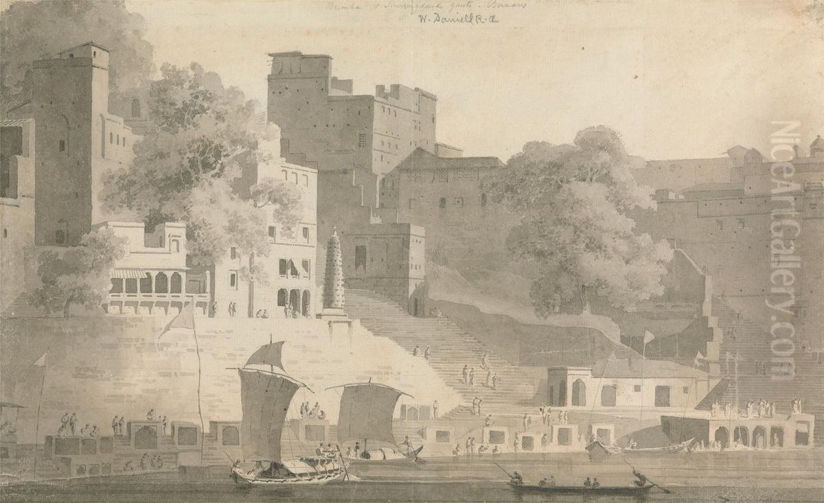 Bramha and Nursingdara Ghat, Varanasi Oil Painting by William Daniell RA