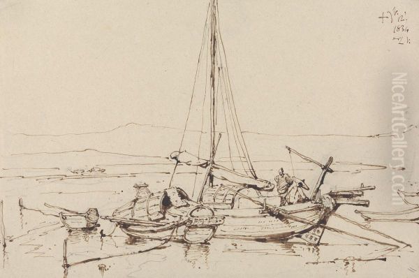 Chinese Boats, 1834 Oil Painting by George Chinnery