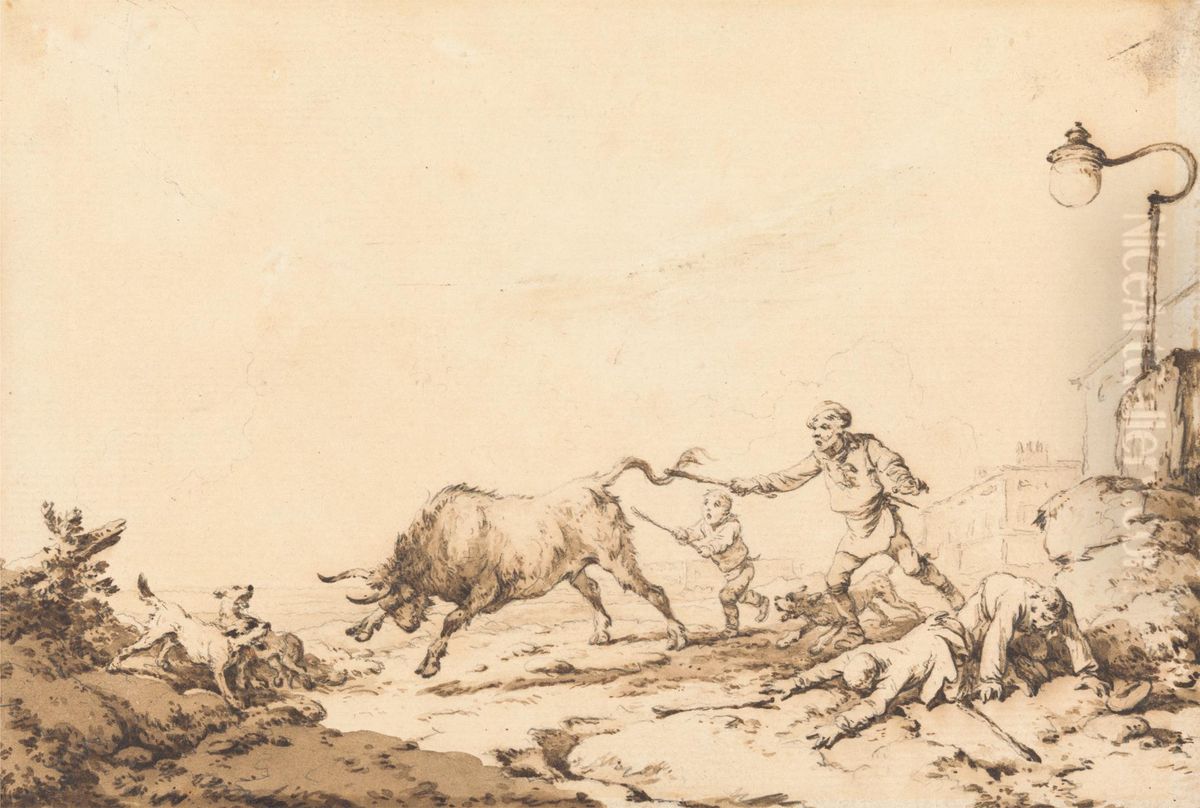 A Bull Charging Oil Painting by Philip James de Loutherbourg