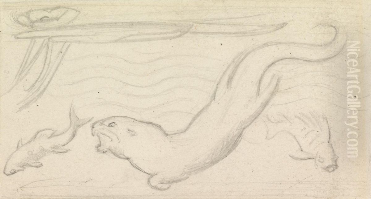 Stained Glass Study, An Otter and Two Fish Oil Painting by Sir John Everett Millais