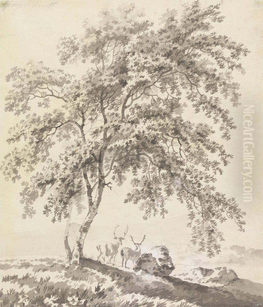 Tree Study with Stags (Landscape) Oil Painting by George Barret, Sr.