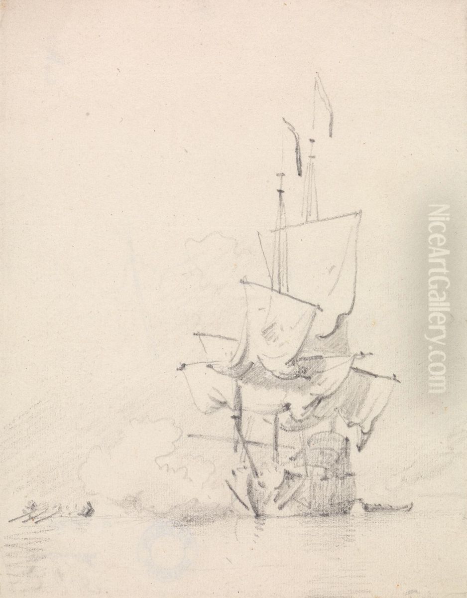 Sketch of a Man-O-War firing Guns Oil Painting by Willem van de, the Elder Velde