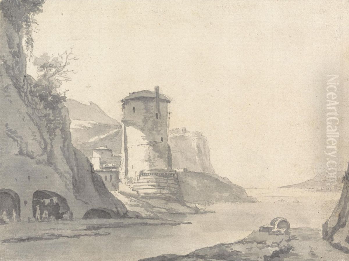 A Village in a Rocky Coastal Inlet (Italian ?) with Round Tower on the Left Bank Oil Painting by Thomas Wijck