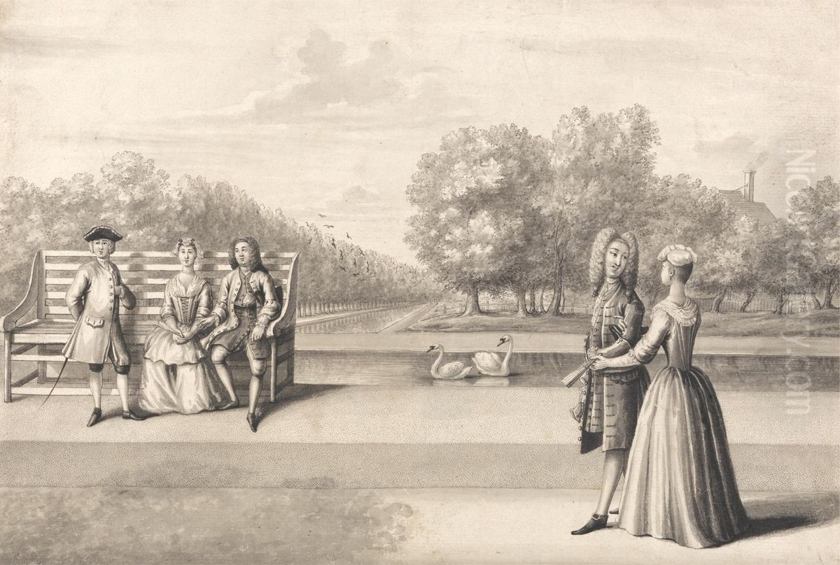 Figures on Bank of the Long Water, Hampton Court Palace Oil Painting by Bernard Lens III