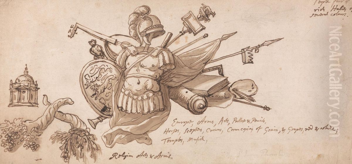 Design for a decoration incorporating motifs allusive to the Arts, Arms, and Religion Oil Painting by James Thornhill