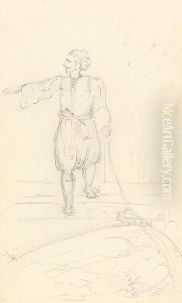 A Man in Traditional Greek Attire, Guiding a Boat, With a Line of Rope Oil Painting by Robert Smirke