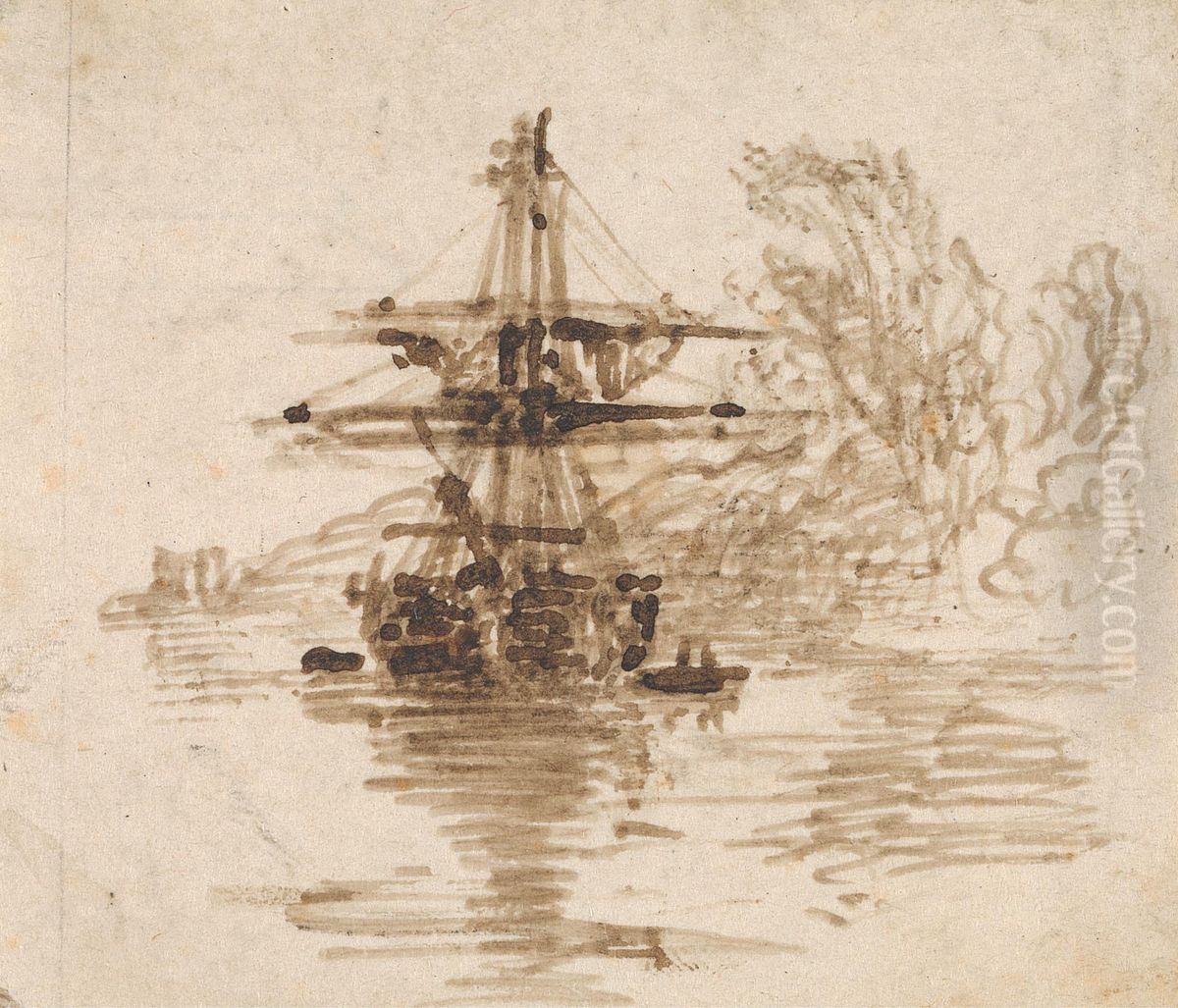 A Brig at Anchor, Trees Beyond Oil Painting by Edward Calvert