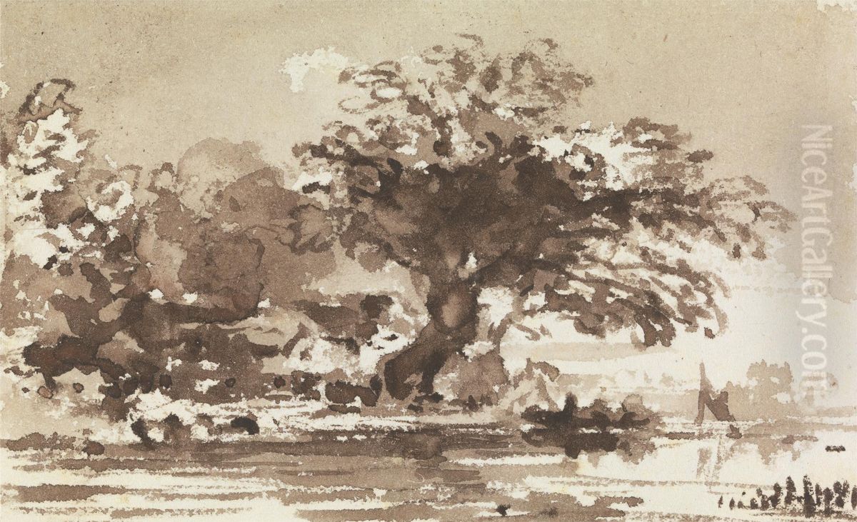 Trees and Cottages at the Bend of a River Oil Painting by John Varley