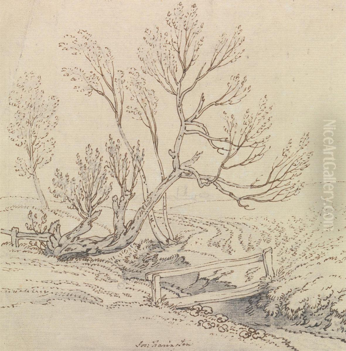 Footbridge Over a Stream Near a Willow Tree Oil Painting by Joseph Farington