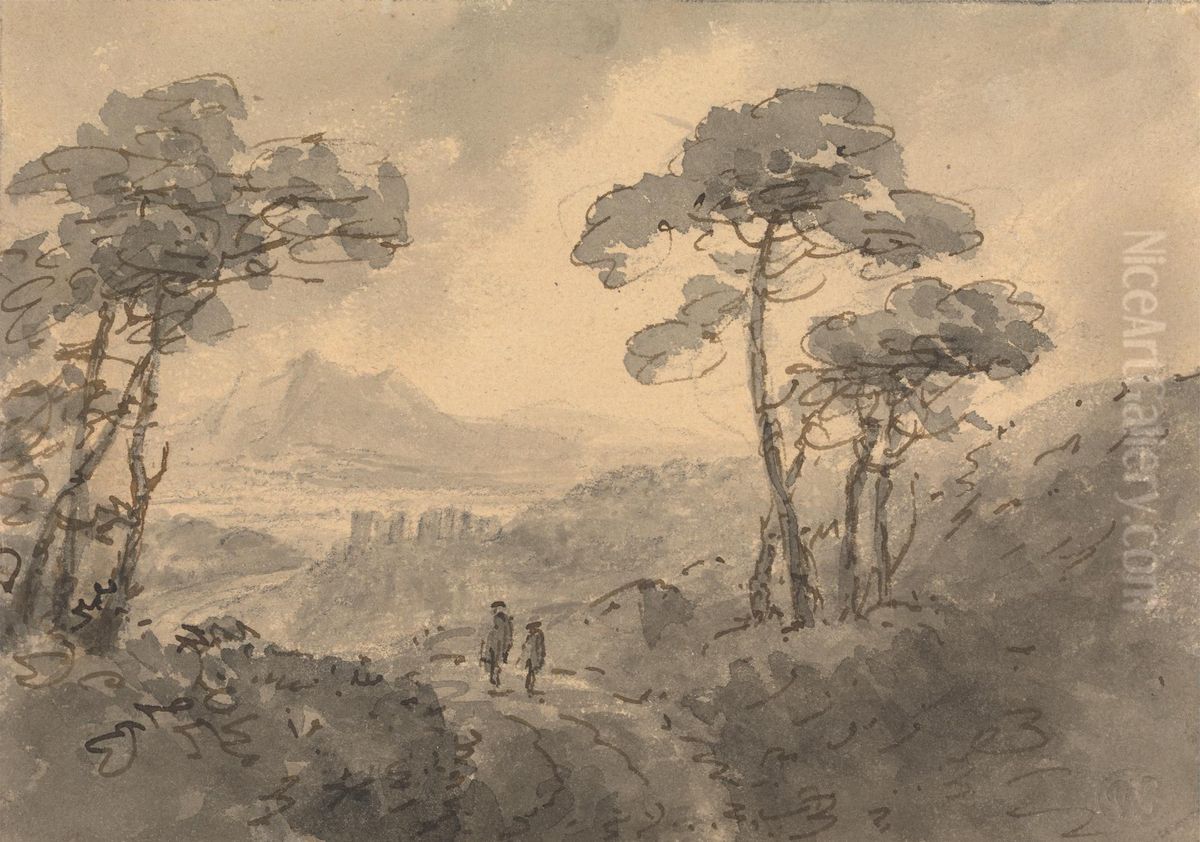 Mountain Landscape with Two Figures on a Winding Road Oil Painting by William Gilpin