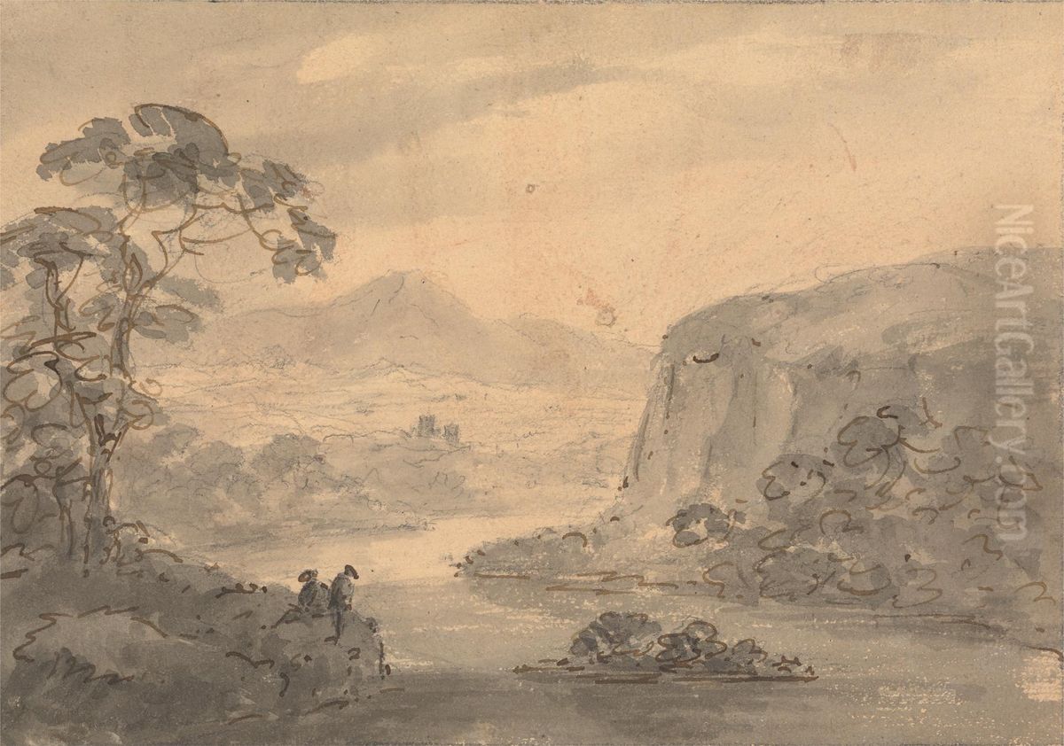 Mountainous Landscape with Two Figures overlooking a Lake Oil Painting by William Gilpin