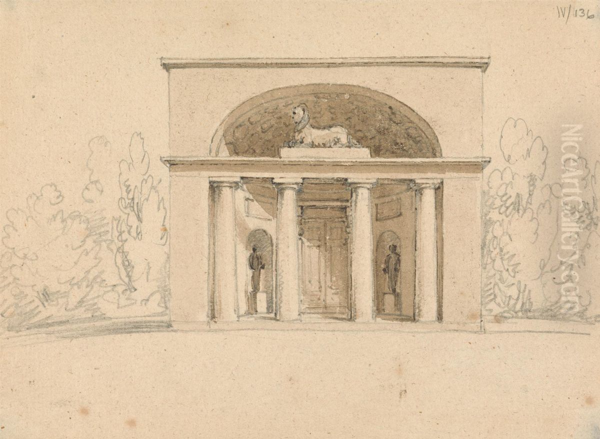 Sketch of an Ornate Doorway, With Columns, and Sculpture Oil Painting by Robert Smirke