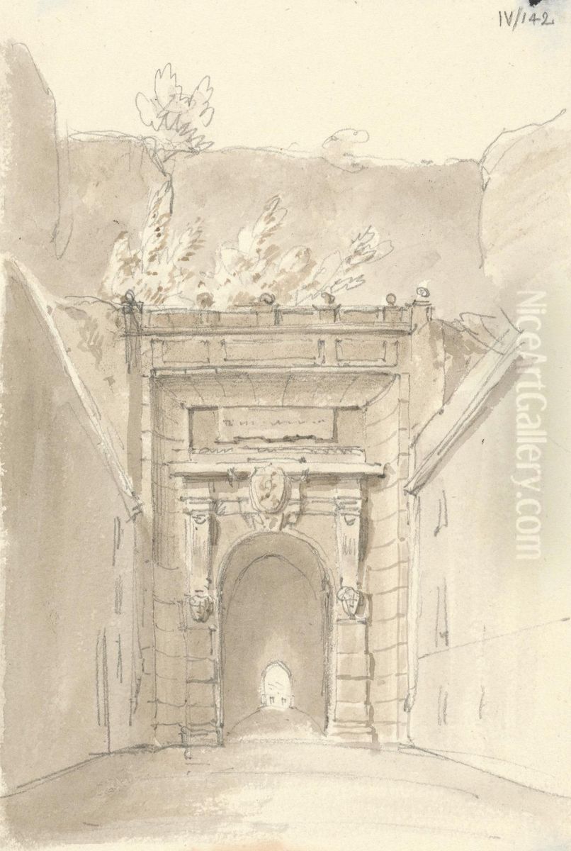 Sketch of a Stone, Arched Entry Gate Oil Painting by Robert Smirke