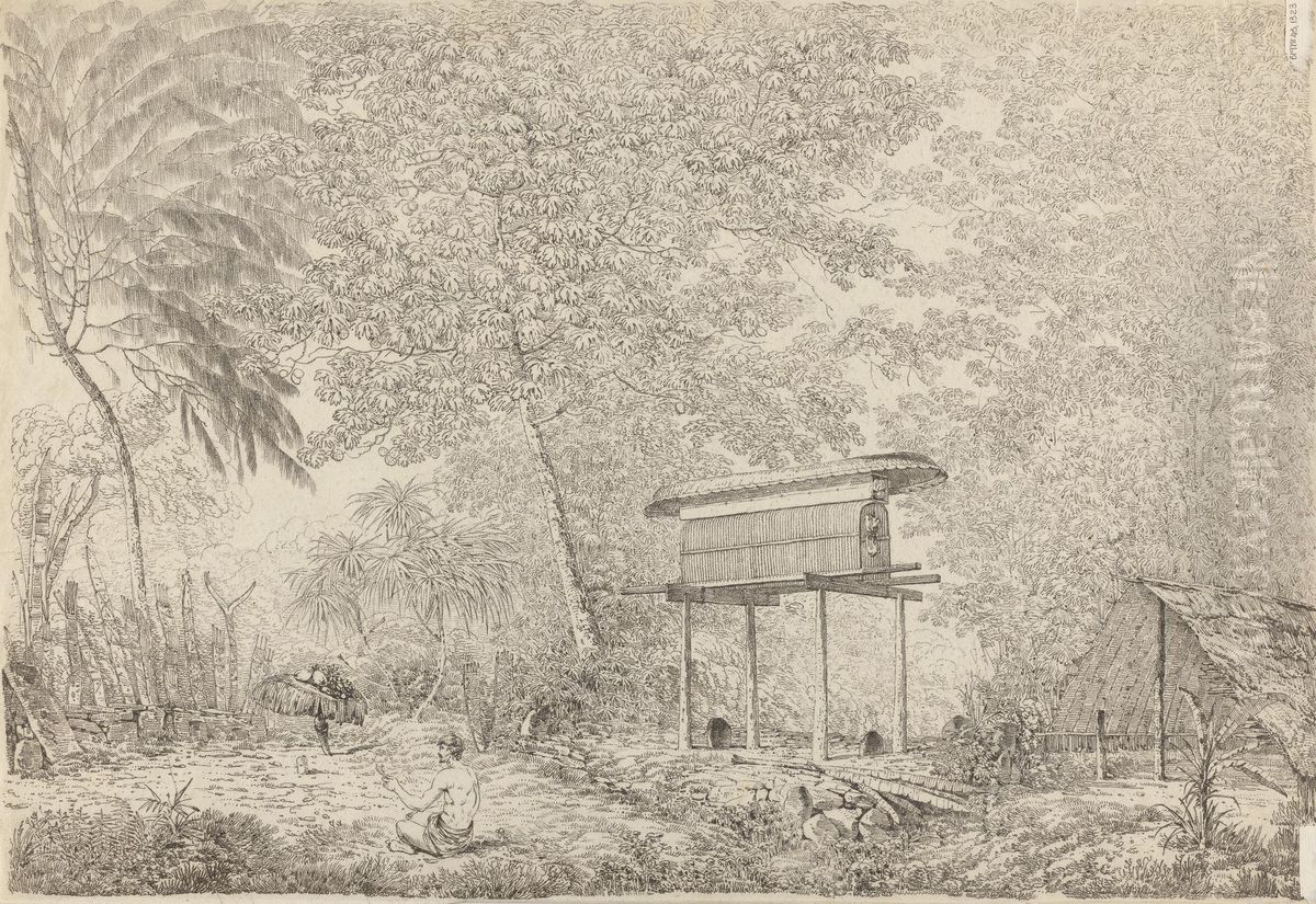 A Toopapapoo of a Chief, with a Priest Making his Offering to the Morai, in Huoheine Oil Painting by John Webber