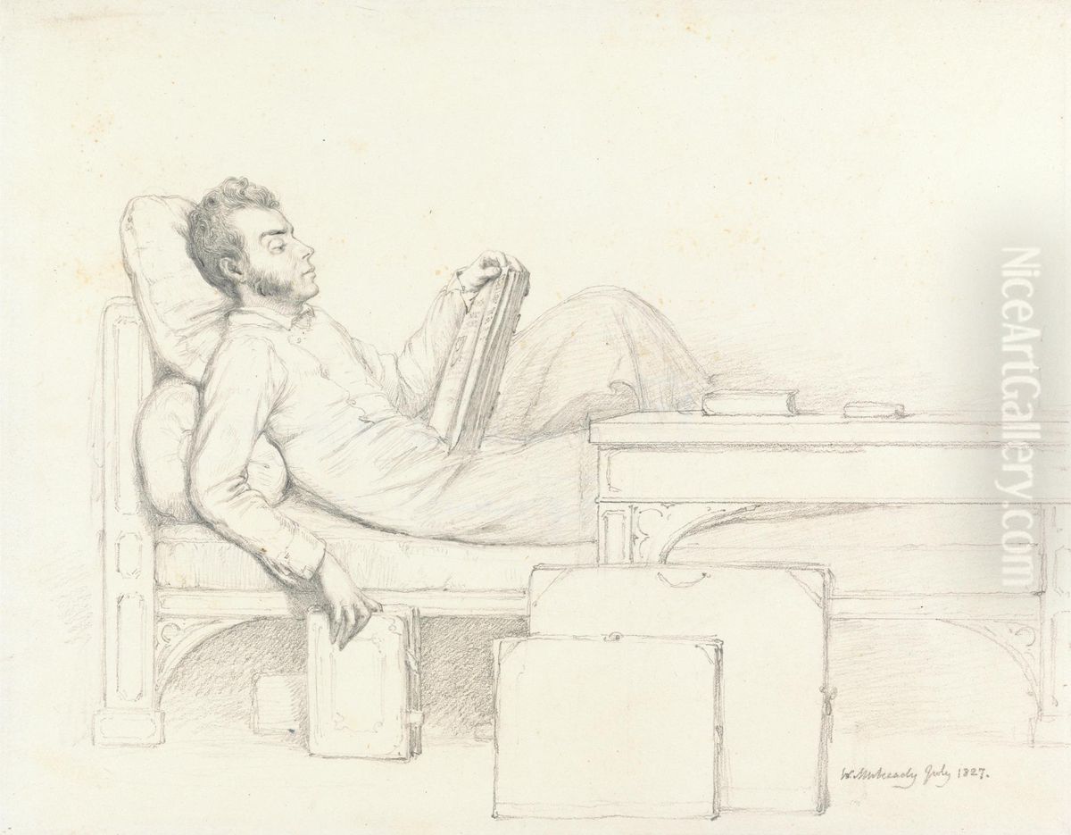 Self-Portrait of the Artist Reclining on a Gothic Couch Reading a Book Oil Painting by William Mulready