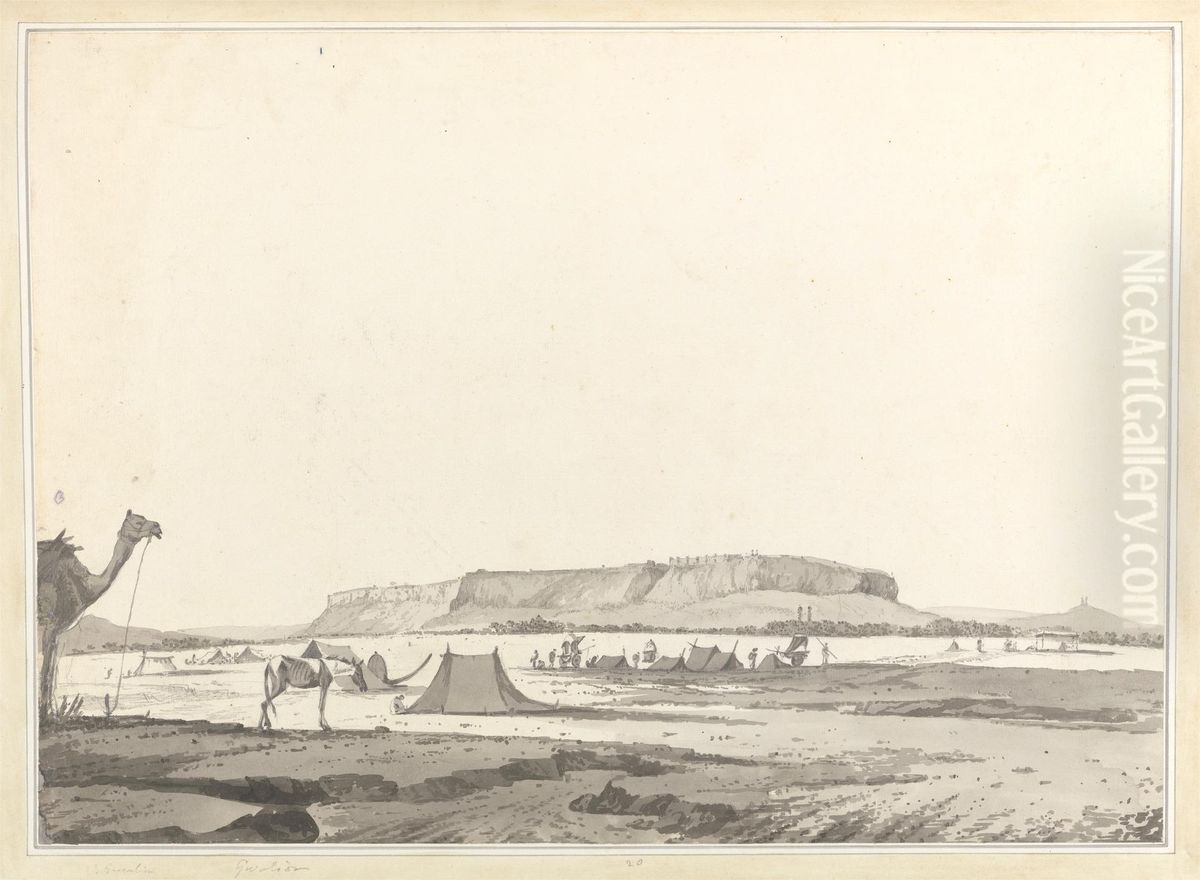 Distant View of the Fort of Gwalior with an Encampment in the Foreground Oil Painting by William Hodges
