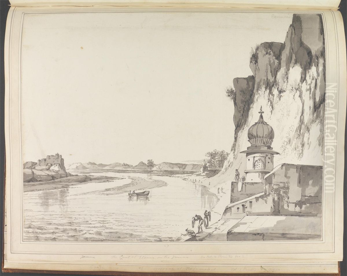 A View of the Gaut at Etawa on the Banks of the River Jumna Oil Painting by William Hodges