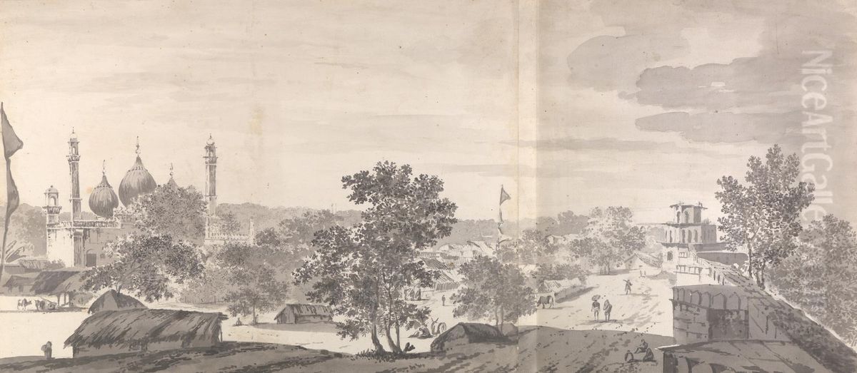 View of a Mosque and Small Huts Near a Walled Fortress Oil Painting by William Hodges