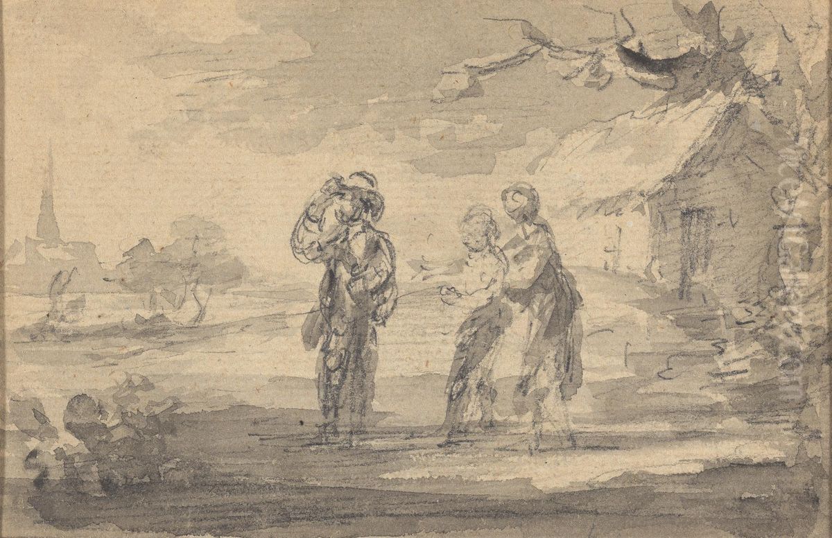 Landscape with three figures, cottage, and church spire Oil Painting by Gainsborough Dupont