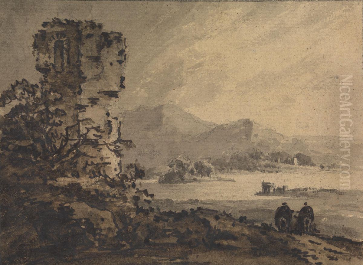 Classical Landscape with Two Figures on Horseback at Right Oil Painting by William Gilpin