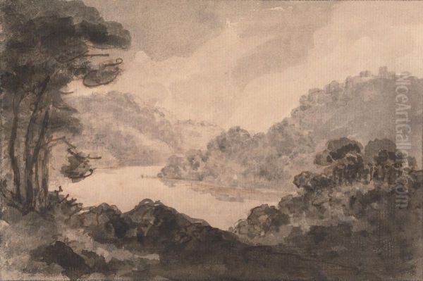 Mountainous Landscape with River, Trees and Foliage in Foreground Oil Painting by William Gilpin