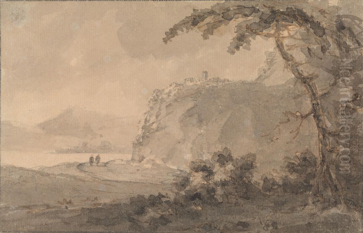 Two Figures on a Road by a Lake Oil Painting by William Gilpin