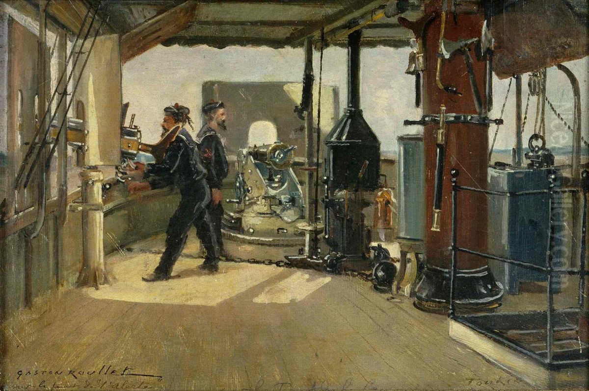 Sur le pont de la canonniere l'Alerte Oil Painting by Gaston Roullet