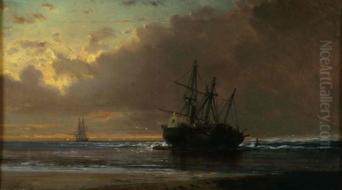 Aviso echoue sur fond de soleil couchant Oil Painting by Jean-Baptiste Henri Durand-Brager