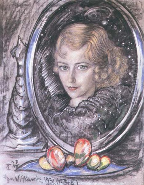 Portrait of Hanna Lorek (in the mirror) Oil Painting by Stanislaw Ignacy Witkiewicz