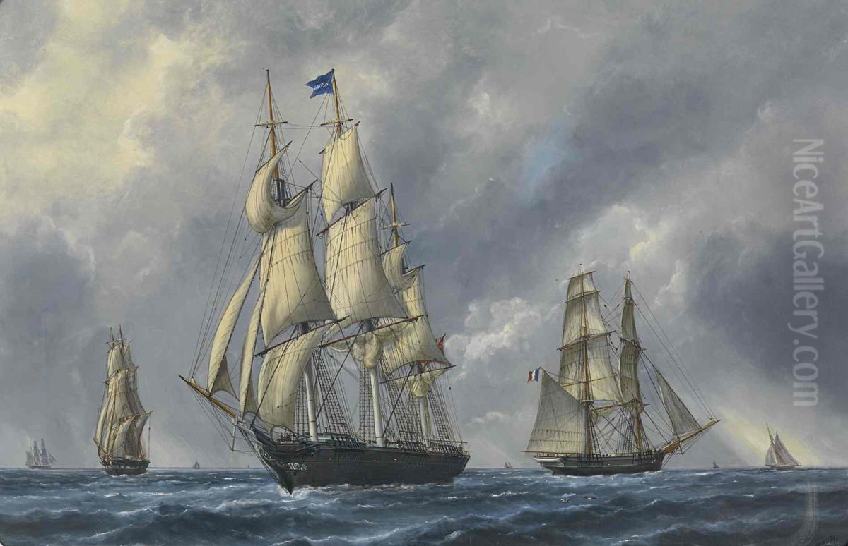 Trois-mats anglais et brick francais Oil Painting by Edouard Adam