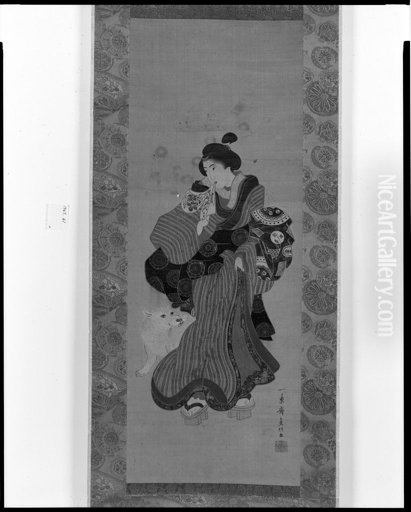 Courtesan and Dog Oil Painting by Kuniteru I