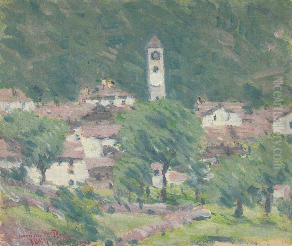 Landscape with Village and Bell Tower Oil Painting by Denman Ross