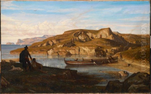 Rocky Bay South of Salerno with View of Capri Oil Painting by Alexandre-Gabriel Decamps